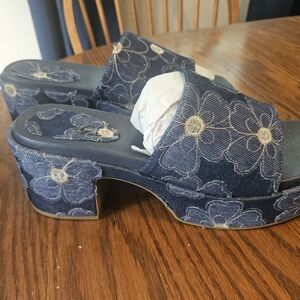 Rouge! Denim Floral Block Heel Mules